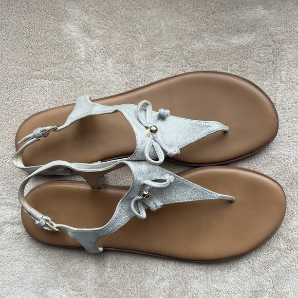 Cole Haan Findra Metallic Silver Vegan Leather Thong Flat Sandals Women 9 B Bow - Picture 13 of 13